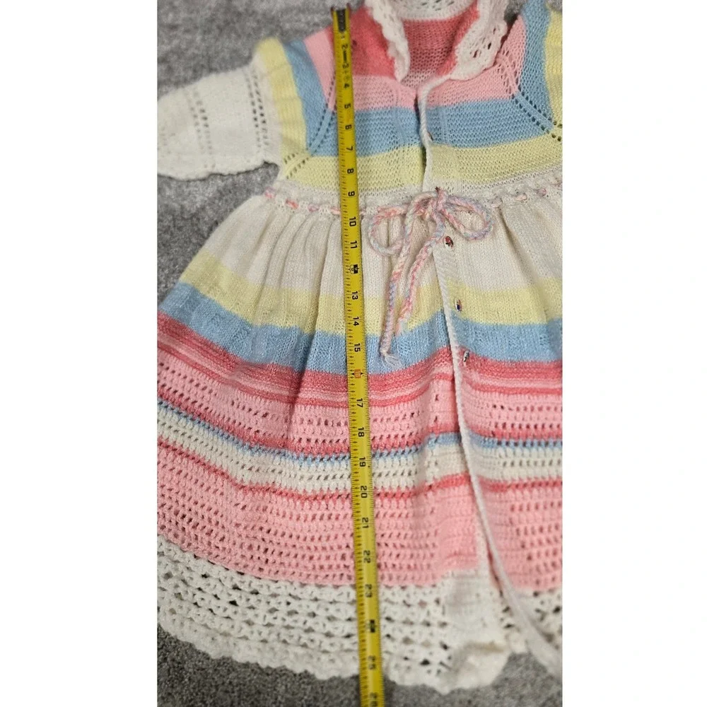Vintage Handmade Knit Pastel‎ Striped Dress Floral Buttons Crochet Trim Sz 2T-3T